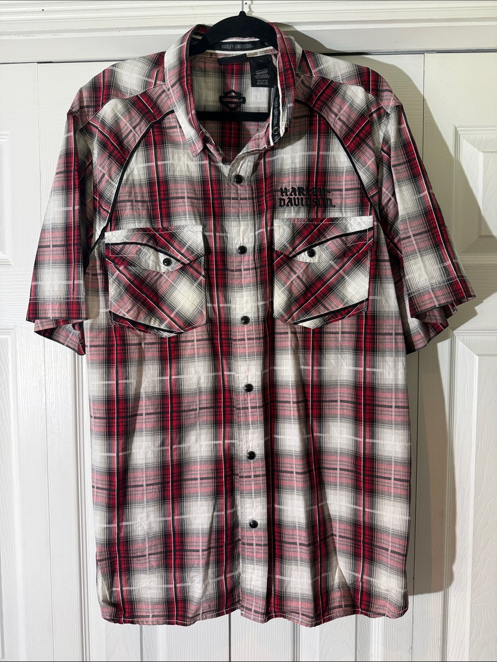 Harley-Davidson Red, White & Black Plaid Short Sleeve Snap Button-Up Shirt